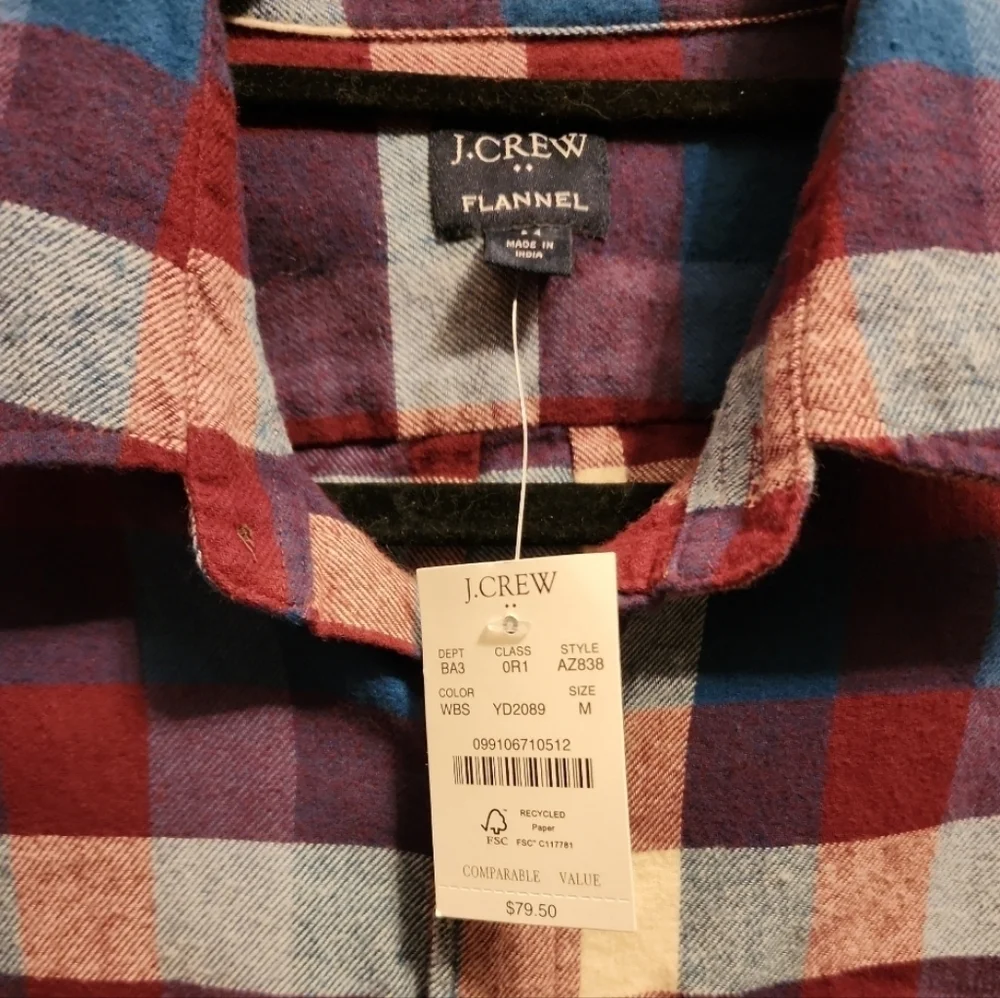 NWT J.CREW MEN'S Slim Fit Plaid Flannel Shirt M $79.50 Re-imagined 100% Cotton